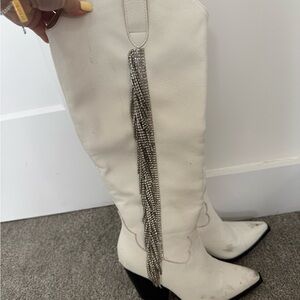White Fringe Knee-High Boots